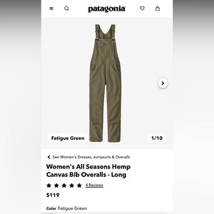 Patagonia Women’s All Seasons Hemp Canvas Bib Overalls in Fatigue Green- Size M